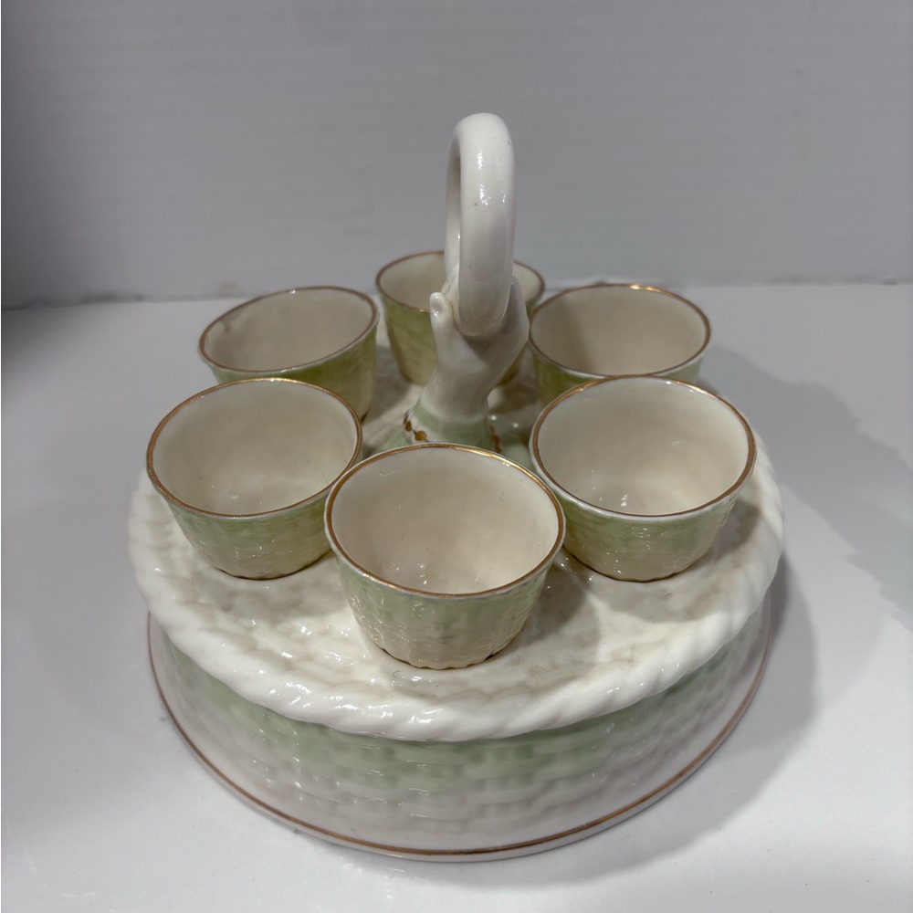 Belleek Porcelain Egg Holder Basket Weave with 5 Removable Cups - Picture 2 of 5